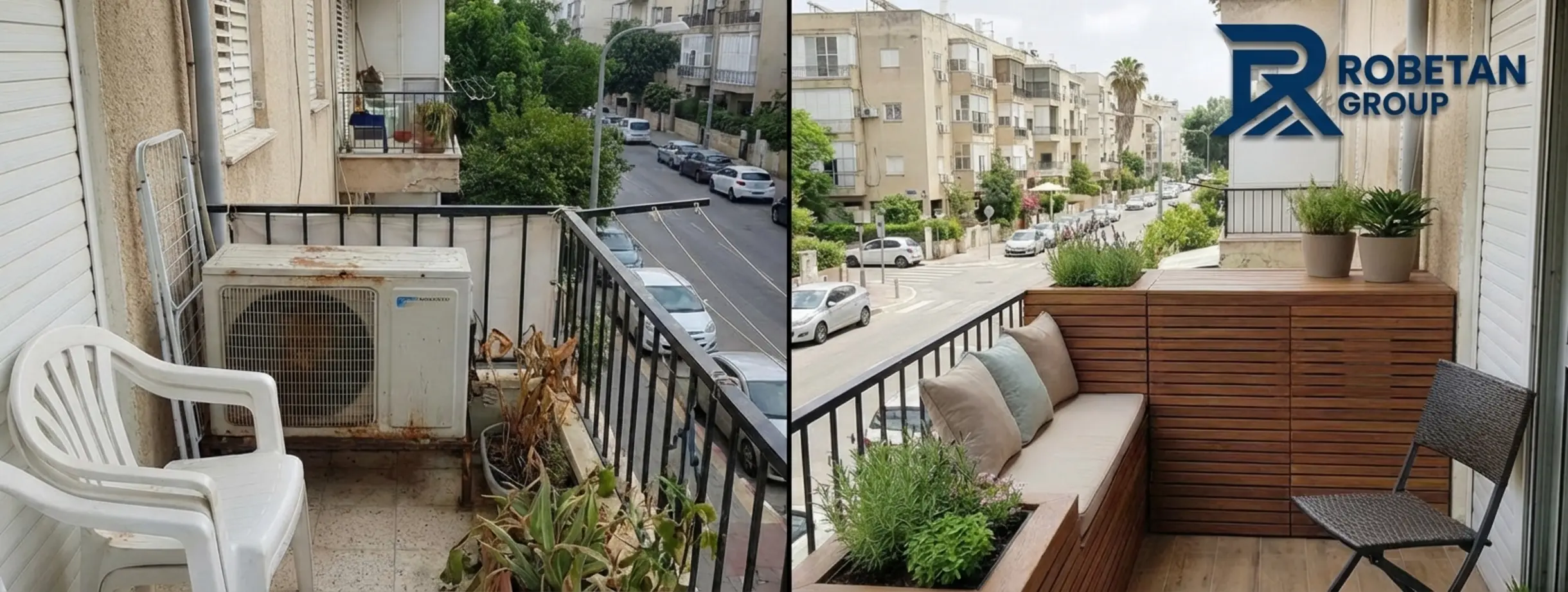 תמונת 'לפני ואחרי' של מרפסת ישראלית טיפוסית. בחצי אחד נראה מעבה מזגן חשוף ורועש ליד פינת ישיבה, ובחצי השני המעבה מוסתר בתוך מארז דקורטיבי ומבודד אקוסטית המשתלב בעיצוב המרפסת תוך שימוש בחומרים עמידים לחוץ